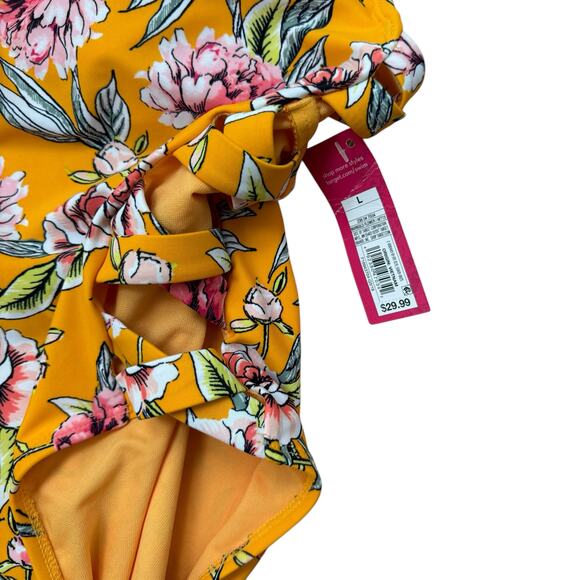 Xhilaration NWT Yellow Pink Roses Cut Out Sides One Piece Swim Size Large - Picture 3 of 4